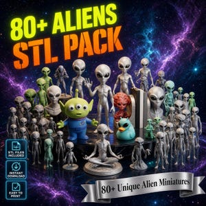 Può includere: Una collezione di oltre 80 miniature di alieni in varie pose, tra cui figure umanoidi grigie, un personaggio verde con tre occhi e un'anatra verde acqua. L'immagine presenta il testo 80+ ALIENS STL PACK e 80+ Unique Alien Miniatures.