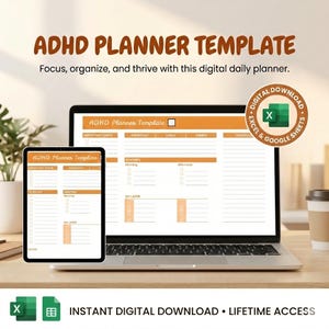 Könnte beinhalten: Eine digitale ADHD-Planervorlage, die auf einem Laptop und Tablet angezeigt wird. Die Vorlage verfügt über orangefarbene und weiße Abschnitte für die Planung und To-Do-Listen. Der Text lautet "ADHD Planner Template" und "Focus, organize, and thrive".