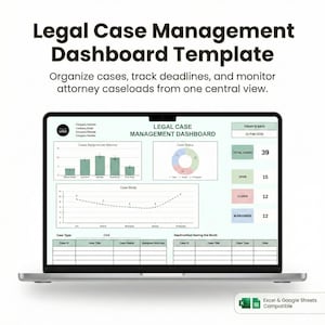 May include: A laptop screen displays a legal case management dashboard template. The screen shows charts, graphs, and data tables for tracking cases, deadlines, and attorney caseloads. The text reads "Legal Case Management Dashboard Template."