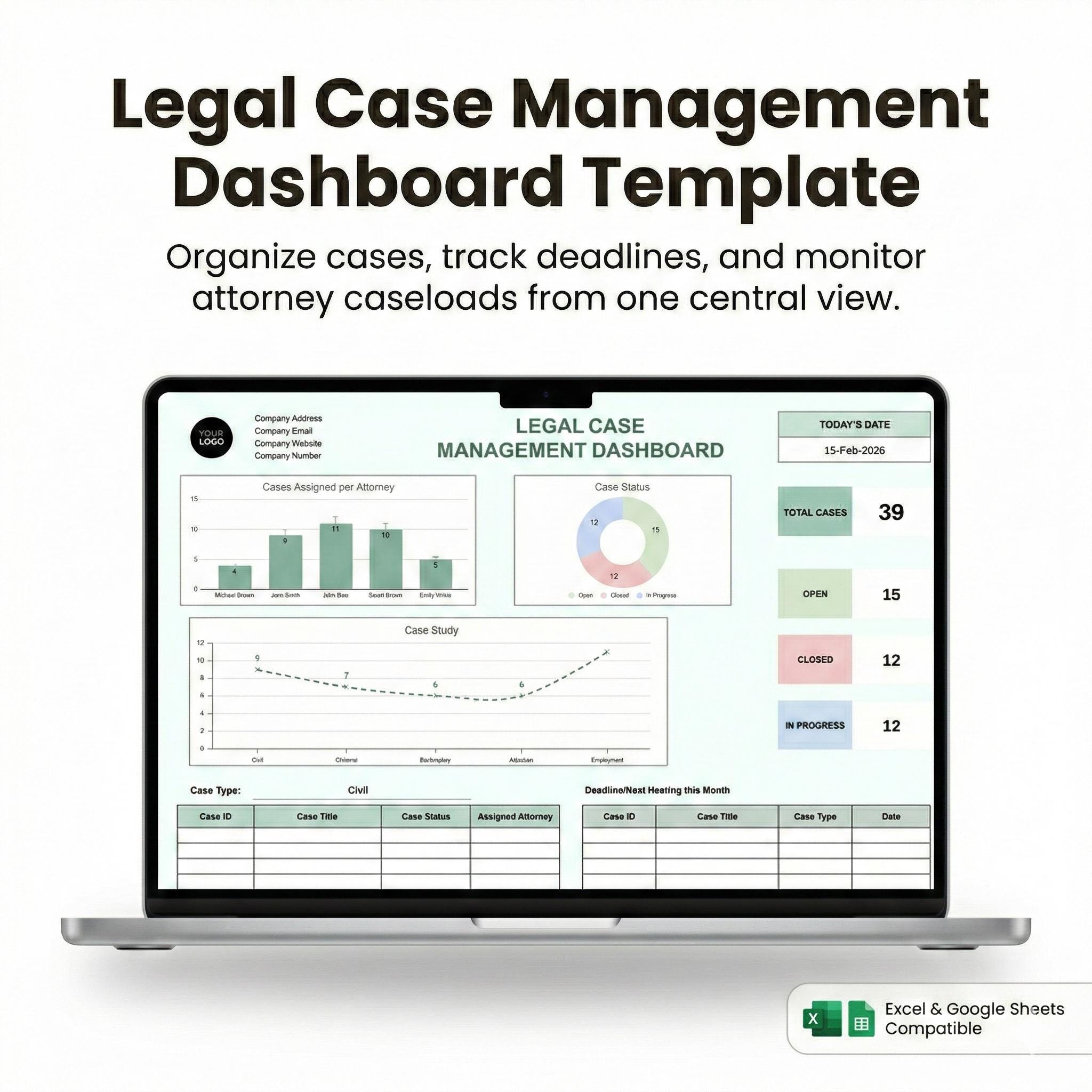 Legal Case Management Dashboard Excel & Google Sheets | Attorney Case ...