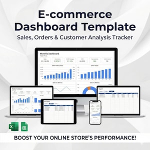 Ecommerce Dashboard Excel & Google Sheets | Sales KPI Tracker | Revenue Analytics | Shopify Etsy Amazon Inventory Report Template
