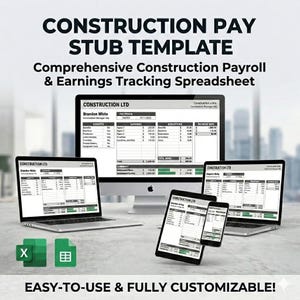 May include: A digital display of a construction pay stub template on a laptop, desktop, tablet, and smartphone. The text reads "CONSTRUCTION PAY STUB TEMPLATE" and "Comprehensive Construction Payroll & Earnings Tracking Spreadsheet". Two green icons for Excel and Google Sheets are also visible.