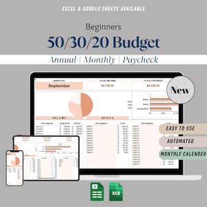50/30/20 Budget Spreadsheet | Monthly Budget Planner Excel & Google Sheets | Personal Finance Tracker | Digital Download | Printable Sheets