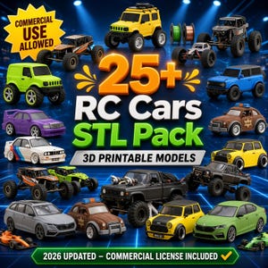 Puede incluir: Una colección digital de más de 25 modelos de coches RC imprimibles en 3D en formato STL, que incluye varios tipos de vehículos como camiones todoterreno, sedanes y coches compactos en colores como amarillo, verde, azul, morado y negro.