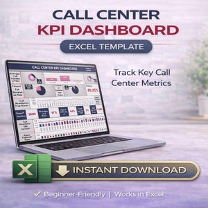 Puede incluir: Una computadora portátil muestra un panel de control de KPI de centro de llamadas con gráficos y visualizaciones de datos. La pantalla muestra métricas clave como la tasa de resolución de llamadas y la tasa de abandono. El texto en la pantalla dice "Call Center KPI Dashboard" y "Excel Template". La imagen también incluye el texto "Instant Download".