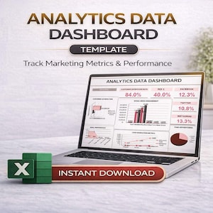 Plantilla de Excel para panel de análisis de marketing/seguimiento de KPI (descarga digital)