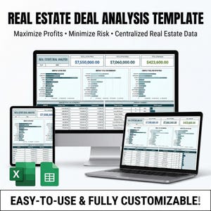 May include: A real estate deal analysis template displayed on a desktop computer, tablet, and laptop. The template includes financial data, charts, and the text "Real Estate Deal Analysis." The image also includes the text "Maximise Profits, Minimise Risk, Centralised Real Estate Data."