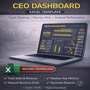 以下が含まれることがあります： CEOダッシュボードのExcelテンプレートを表示するラップトップ。画面には、グラフやKPIなど、財務データの視覚化が表示されます。テキストには「収益の追跡」、「KPIの監視」、および「パフォーマンスの分析」が含まれています。