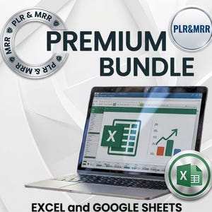 Op de afbeelding: Een laptop met een Excel-spreadsheet met grafieken. De afbeelding bevat de tekst "PREMIUM BUNDLE" en "EXCEL and GOOGLE SHEETS". Er zijn ook cirkelvormige logo's met "PLR & MRR" en een Excel-pictogram.