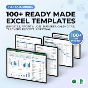 Op de afbeelding: Afbeelding van een sjabloonbundel met meer dan 100 kant-en-klare Excel-sjablonen. De sjablonen omvatten facturen, winst & verlies, budgetten, agenda's, trackers, project- en persoonlijke financiële tools. Verschillende tablets tonen voorbeelden van spreadsheets.