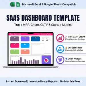 May include: A laptop screen displays a SaaS dashboard template with data visualization. The template tracks MRR, churn, CLTV, and startup metrics. The design includes charts, graphs, and key performance indicators. Text on the screen reads "Instant Download | Investor-Ready Reports | No Monthly Fees."