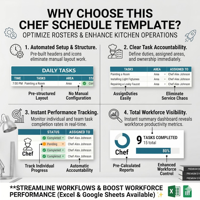 Task Performance Chef Restaurant Chef Schedule Template Excel & Google Sheets | Kitchen Staff ...
