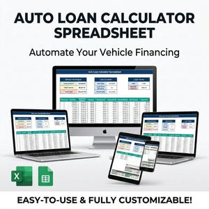 May include: An advertisement for an auto loan calculator spreadsheet. The image shows a laptop, desktop computer, tablet, and smartphone displaying the spreadsheet. The text reads "AUTO LOAN CALCULATOR SPREADSHEET" and "Automate Your Vehicle Financing."