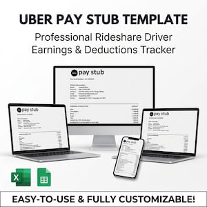 May include: A digital template for Uber pay stubs, displayed on a desktop computer, two laptops, and a smartphone. The image includes the text "UBER PAY STUB TEMPLATE" and "Professional Rideshare Driver Earnings & Deductions Tracker."