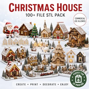Op de afbeelding: Een digitale verzameling van 3D-printbare bestanden getiteld CHRISTMAS HOUSE 100+ FILE STL PACK. De afbeelding toont diverse miniatuur vakantiegebouwen, waaronder houten hutten, een kerk, een kerstboom, de Kerstman en een sneeuwpop.