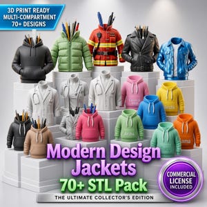 Könnte beinhalten: Eine Sammlung von 3D-druckbaren Schreibtisch-Organizern mit mehreren Fächern in Form verschiedener Jacken, Hoodies und Mäntel in diversen Farben und Stilen, darunter Feuerwehrkleidung, Laborkittel und Lederjacken zur Aufbewahrung von Stiften.