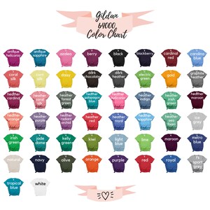 K&ouml;nnte beinhalten: Gildan 64000 Farbkarte mit einer Auswahl an T-Shirt-Farben, darunter Rot, Blau, Gr&uuml;n, Gelb und Schwarz.