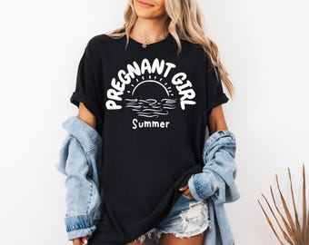Pregnant Girl Summer Shirt, Pregnancy Reveal Tee, Baby Shower Gift, Mom Shirt, Comfort Colors®, Beach Pregnancy Announcement T-shirt
