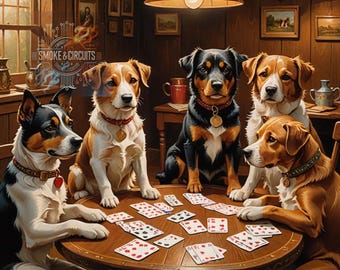 Arte mural de perros jugando al euchre: impresión vintage de póker con perros, decoración rústica de cabaña, arte para bar de sala de juegos, regalo para amantes de los perros