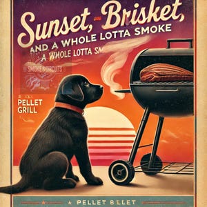 Sunset Brisket BBQ Wall Art – Retro Grill Poster, Dog and Smoker Print, Backyard Barbecue Decor