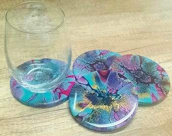 Acrylic Poured Coaster Set: Fluid Art, Cork Base