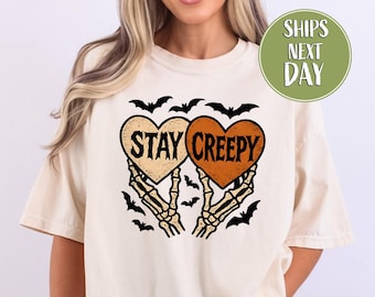 Halloween Hearts Stay Creepy T-Shirt: Witchy Spooky Bats Trendy T-shirt, Halloween Hearts Skeleton Shirt -HF039