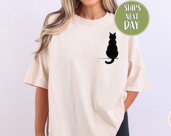 Minimal Cat T-Shirt: Black Cat Pocket Shirt, Cute Cat Lover T-shirt, Simple Aesthetic Pet T-Shirt -TC035