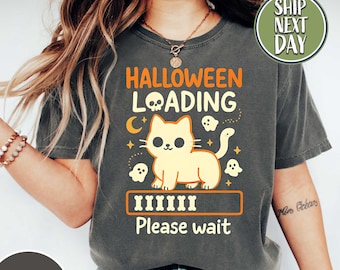 Camiseta de Halloween con Gato y Fantasmas: Camiseta de Halloween "Cargando, Espere", Linda y aterradora camiseta de Halloween -HF037