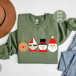 Cartoon Holiday Characters Sweatshirt: Santa Reindeer Elf Snowman Sweater -CC024