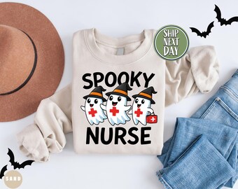 Nurse Ghosts Cartoon Sweatshirt: Spooky Healthcare, Funny Girly Nurse, Nurse Medical Spooky Ghost -HF048