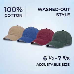 May include: Four baseball caps in tan, blue, burgundy, and green, with a washed-out style. The caps are made of 100% cotton and have an adjustable size of 6 1/2 - 7 5/8.
