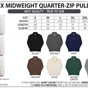 May include: A unisex midweight quarter-zip pullover in various colors, including black, navy, and heather grey. The image includes a size chart with measurements in inches, and examples of how the pullover fits.