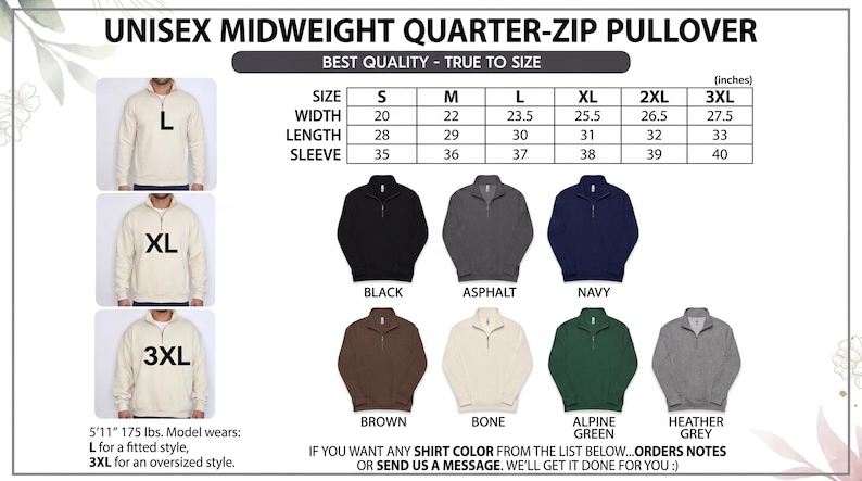 May include: A unisex midweight quarter-zip pullover in various colors, including black, navy, and heather grey. The image includes a size chart with measurements in inches, and examples of how the pullover fits.