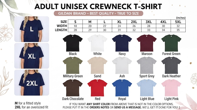 May include: A size chart for an adult unisex crewneck t-shirt featuring a table with width and length measurements in inches from sizes S to 5XL. The image displays fifteen color swatches including black, white, navy, maroon, forest green, military green, sand, ash, sport grey, dark heather, dark chocolate, red, royal, light blue, and light pink.