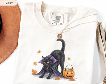 Black Cat Halloween Shirts, Spooky Cat Mom Apparel, Nostalgic Fall T-Shirts, Vintage Trick Or Treat Tees, Cute Kitty Pumpkin Season T-shirts