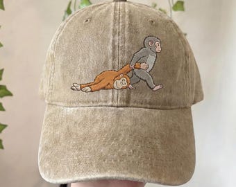 Viral Team Punch Monkey Embroidered Hat, Japan Inspired Baby Monkey Plush Cap, Cute Animal Lover Gift Trendy Adjustable Dad Hat