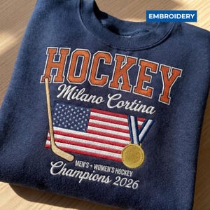 Hockey Gold Medal Champions 2026, Embroidered Sweatshirt, Patriotic Red White Blue Crewneck, Winter Sports Fan Pullover Cozy Unisex