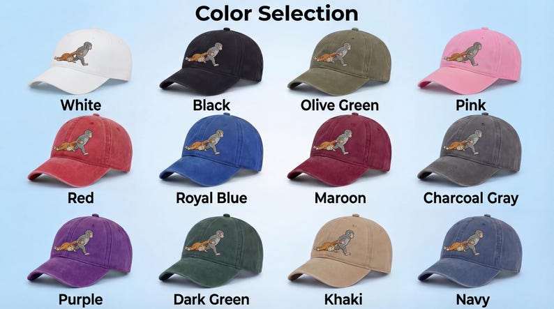 May include: A collection of baseball caps in various colors, including white, black, olive green, pink, red, royal blue, maroon, charcoal gray, purple, dark green, khaki, and navy. Each cap features an embroidered design.
