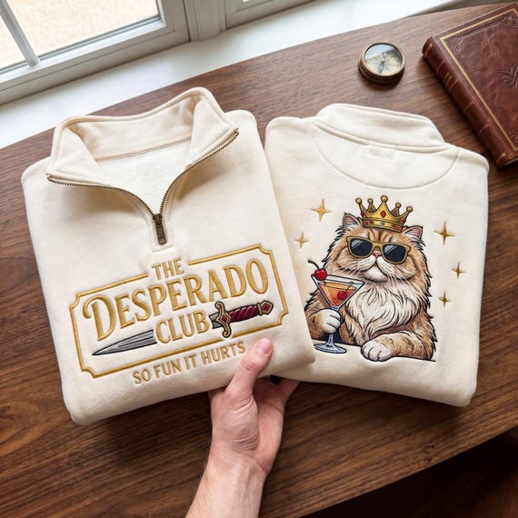 Embroidered The Desperado Club Quarter Zip, Dungeon Crawler Carl Fan Apparel, Princess Donut LitRPG Sweatshirt, Gamer Fantasy Reader Fan Tee