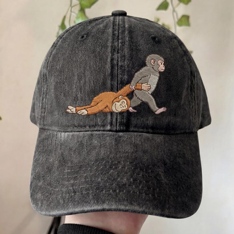 Viral Team Punch Monkey Embroidered Hat, Japan Inspired Baby Monkey Plush Cap, Cute Animal Lover Gift Trendy Adjustable Dad Hat image 3