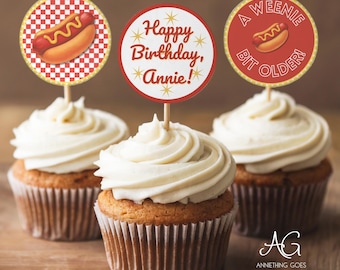 A Weenie Bit Older Cupcake Toppers, Funny Hot Dog Party, Editable Canva Template, BBQ Birthday Decor, DIY Cupcake Topper Download, AB1