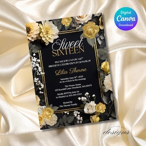 Sweet Sixteen Invitation Editable Sweet 16 Invite Yellow Floral 16th Birthday Printable Template Digital Download Quinceañera Black and Gold