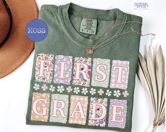 First Grade Teacher Comfort Colors T-Shirt: Coquette Bow Back to School Tee