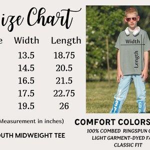 The image is a size chart for a youth midweight t-shirt, with measurements in inches and a photo of a young boy wearing the t-shirt.
