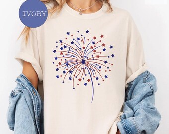 Firework Shirt USA Comfort Colors 4th Of July TShirt, Independence Day USA Flag T-Shirt, Stars and Stripes Red White Blue Gift Women Shirt