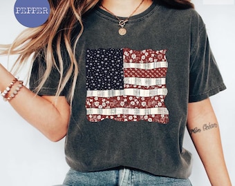 Floral USA Flag Tee - Comfort Colors, 4th of July Style