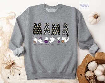 Personalized Halloween Mama Sweatshirt: Custom Child Name Spooky Ghost  Swetaer Gift