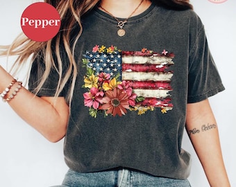 American Flag Shirt: Floral Design - Soft Comfort Colors Tee