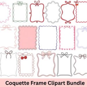 Peut inclure: Ensemble de cliparts de cadres de style coquette de différentes formes et couleurs. Les cadres comprennent des nœuds, des bords festonnés et des motifs à rayures roses, bleus et gris. Le texte "Coquette Frame Clipart Bundle" est en bas.