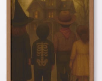 Vintage Halloween Haunted House Print: Trick or Treat Kids, Black Cat (Digital Download